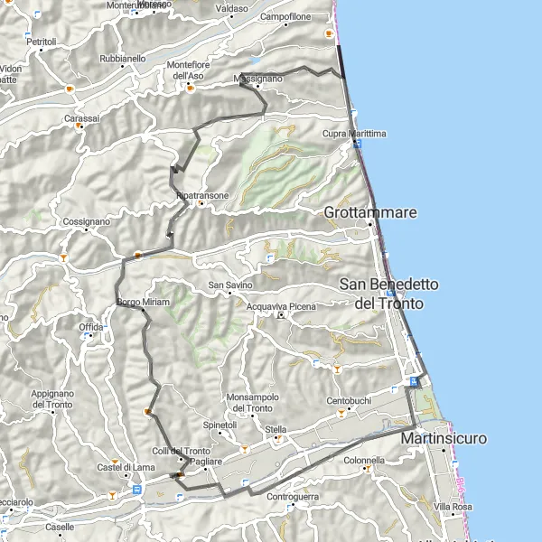 Miniatura della mappa di ispirazione al ciclismo "Giro in bicicletta da Ripatransone a San Benedetto del Tronto" nella regione di Marche, Italy. Generata da Tarmacs.app, pianificatore di rotte ciclistiche