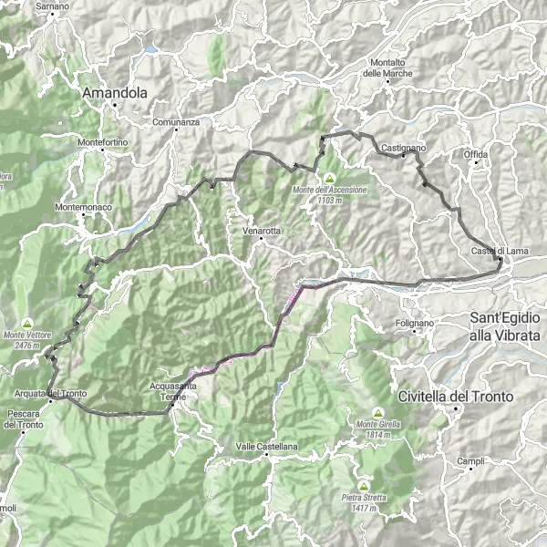 Map miniature of "Challenging Cycling Adventure: Scenic Wonders and Historic Splendors near Castel di Lama" cycling inspiration in Marche, Italy. Generated by Tarmacs.app cycling route planner