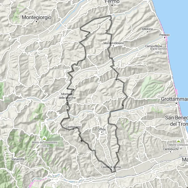 Map miniature of "Between Hills and Historic Towns" cycling inspiration in Marche, Italy. Generated by Tarmacs.app cycling route planner