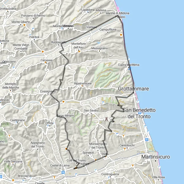 Miniatura della mappa di ispirazione al ciclismo "Giro in bici da Castel di Lama" nella regione di Marche, Italy. Generata da Tarmacs.app, pianificatore di rotte ciclistiche