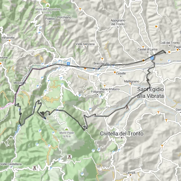 Miniatura della mappa di ispirazione al ciclismo "Itinerario panoramico da Ascoli Piceno a Castel di Lama" nella regione di Marche, Italy. Generata da Tarmacs.app, pianificatore di rotte ciclistiche