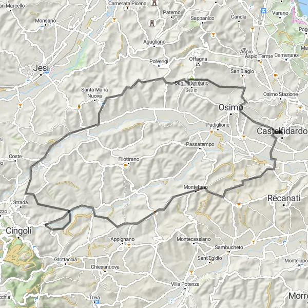 Miniatura della mappa di ispirazione al ciclismo "La Strada delle Colline Marchigiane" nella regione di Marche, Italy. Generata da Tarmacs.app, pianificatore di rotte ciclistiche