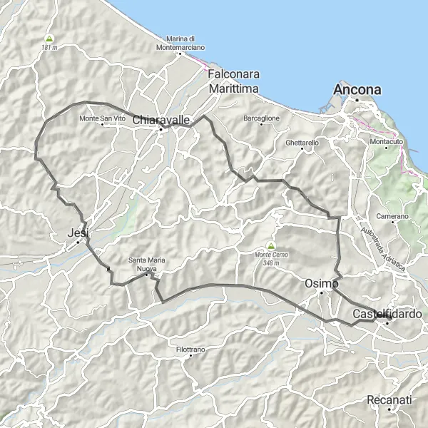 Miniatura della mappa di ispirazione al ciclismo "Itinerario delle Colline Marchigiane" nella regione di Marche, Italy. Generata da Tarmacs.app, pianificatore di rotte ciclistiche