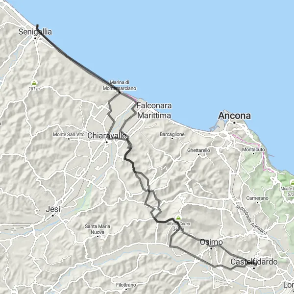 Miniatuurkaart van de fietsinspiratie "Langs kastelen en wijngaarden" in Marche, Italy. Gemaakt door de Tarmacs.app fietsrouteplanner