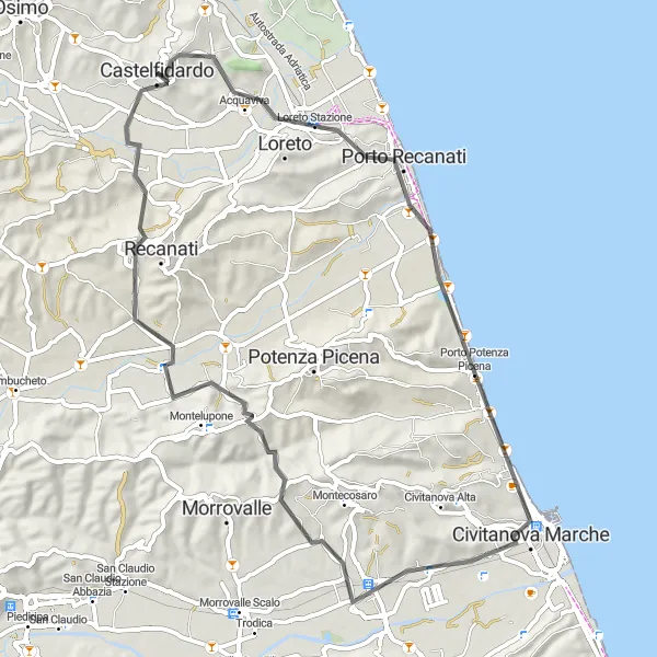 Map miniature of "Coastal Charms of Castelfidardo" cycling inspiration in Marche, Italy. Generated by Tarmacs.app cycling route planner