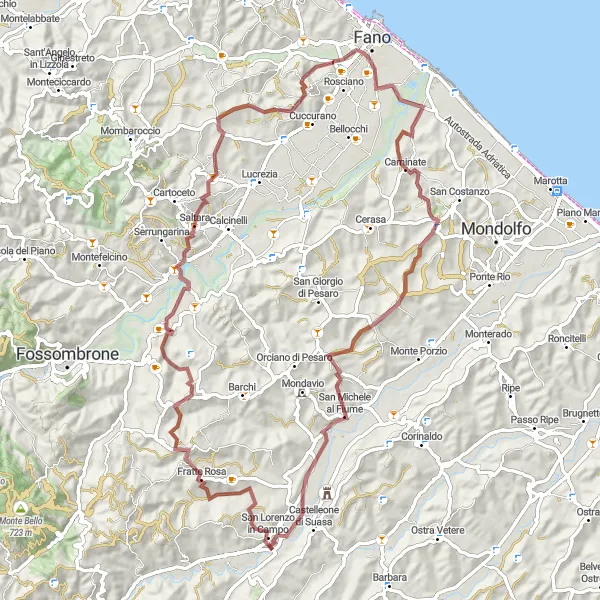 Map miniature of "Mountainous Adventure to Saltara" cycling inspiration in Marche, Italy. Generated by Tarmacs.app cycling route planner