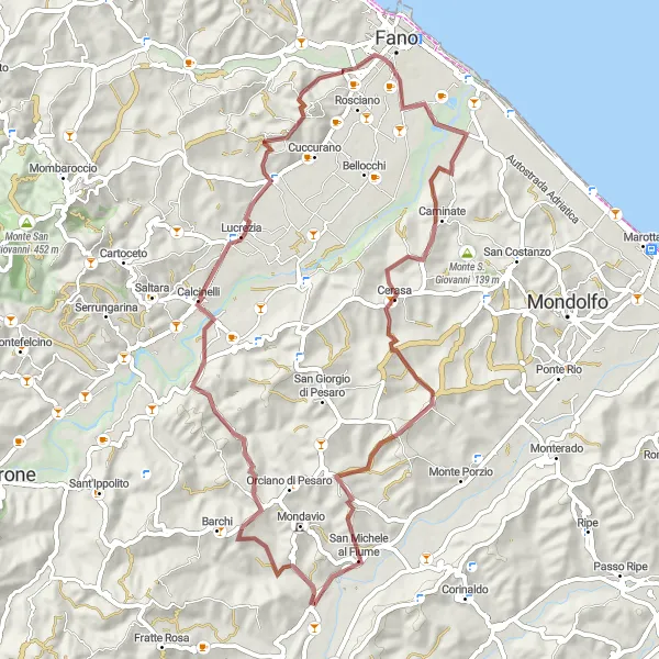 Map miniature of "Gravel Adventure to Calcinelli" cycling inspiration in Marche, Italy. Generated by Tarmacs.app cycling route planner