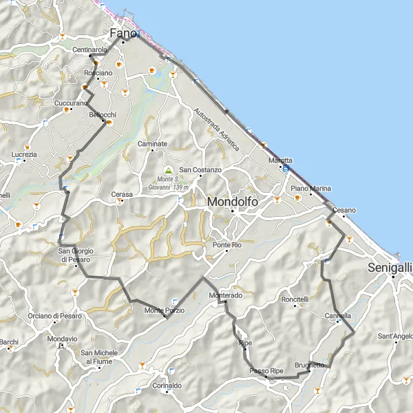 Karten-Miniaturansicht der Radinspiration "Beeindruckende Burgen und Panoramaaussichten" in Marche, Italy. Erstellt vom Tarmacs.app-Routenplaner für Radtouren