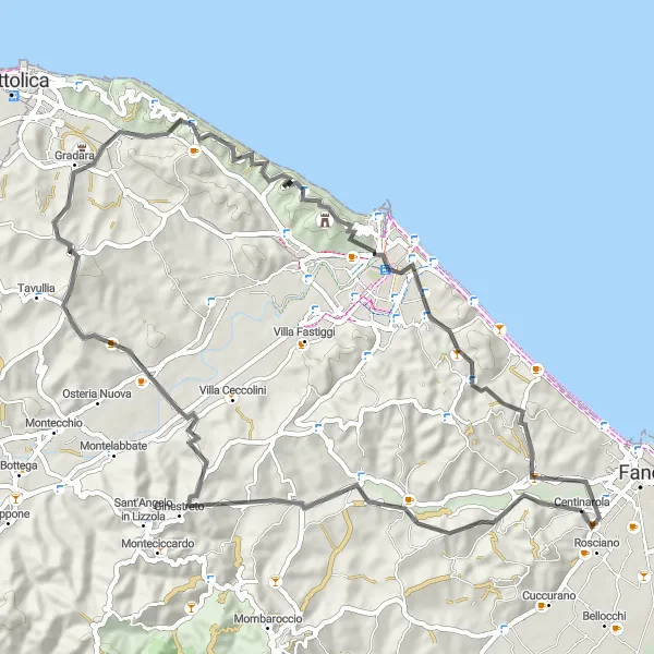 Miniature de la carte de l'inspiration cycliste "Ascension du Monte Trebbio et Belgatto" dans la Marche, Italy. Générée par le planificateur d'itinéraire cycliste Tarmacs.app