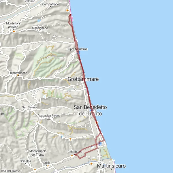 Map miniature of "Centobuchi to Faro di San Benedetto del Tronto Gravel Adventure" cycling inspiration in Marche, Italy. Generated by Tarmacs.app cycling route planner