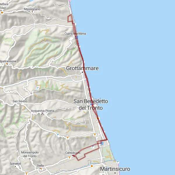 Map miniature of "Coastal Gravel Ride: Porto d'Ascoli to Cupra Marittima" cycling inspiration in Marche, Italy. Generated by Tarmacs.app cycling route planner
