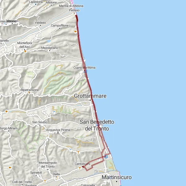 Miniature de la carte de l'inspiration cycliste "Gravel Adventure to Cupra Marittima" dans la Marche, Italy. Générée par le planificateur d'itinéraire cycliste Tarmacs.app