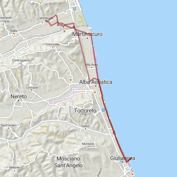 Miniatura della mappa di ispirazione al ciclismo "Escursione in gravel da Centobuchi a Martinsicuro" nella regione di Marche, Italy. Generata da Tarmacs.app, pianificatore di rotte ciclistiche