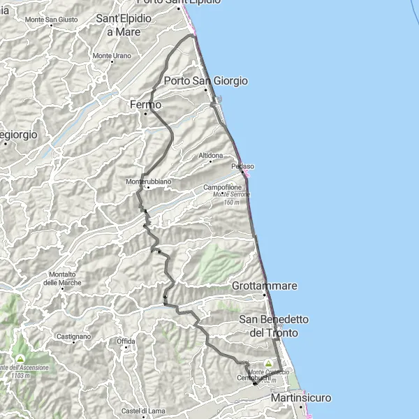 Map miniature of "Centobuchi to San Benedetto del Tronto Scenic Ride" cycling inspiration in Marche, Italy. Generated by Tarmacs.app cycling route planner