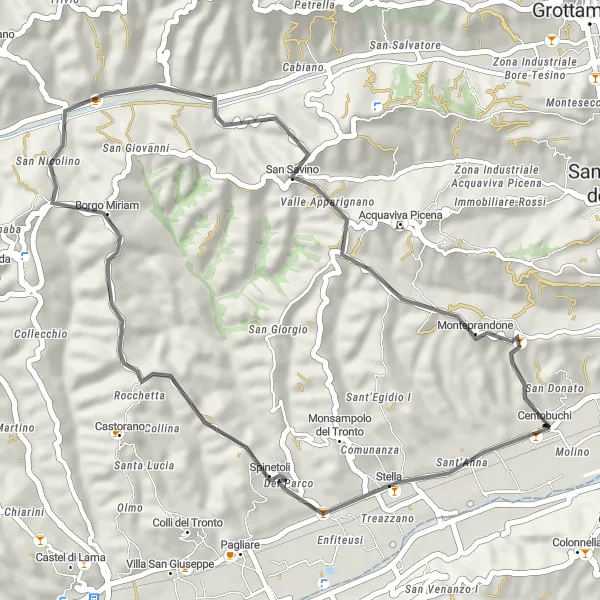 Map miniature of "Spinetoli Route" cycling inspiration in Marche, Italy. Generated by Tarmacs.app cycling route planner