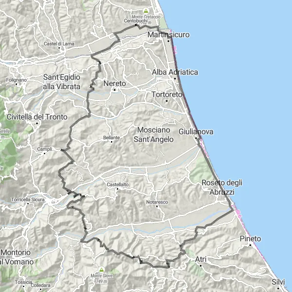 Karten-Miniaturansicht der Radinspiration "Entlang der Küste nach Tortoreto Lido" in Marche, Italy. Erstellt vom Tarmacs.app-Routenplaner für Radtouren