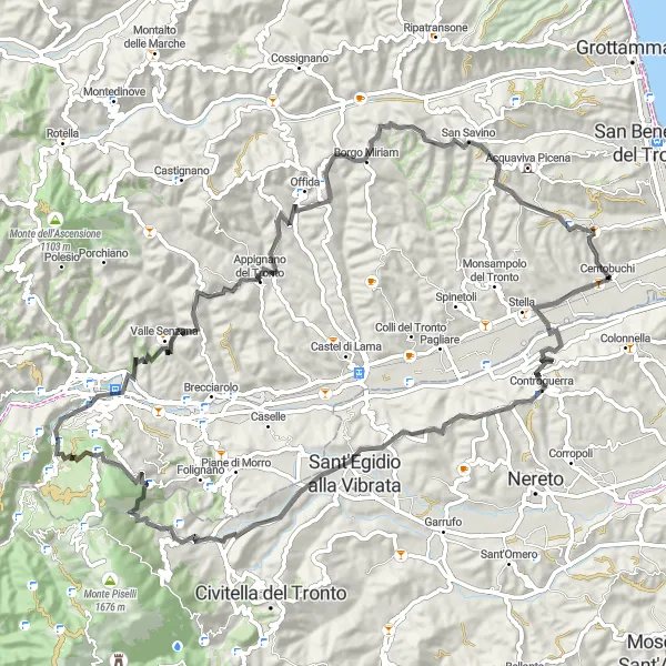 Map miniature of "Centobuchi to Controguerra Loop" cycling inspiration in Marche, Italy. Generated by Tarmacs.app cycling route planner