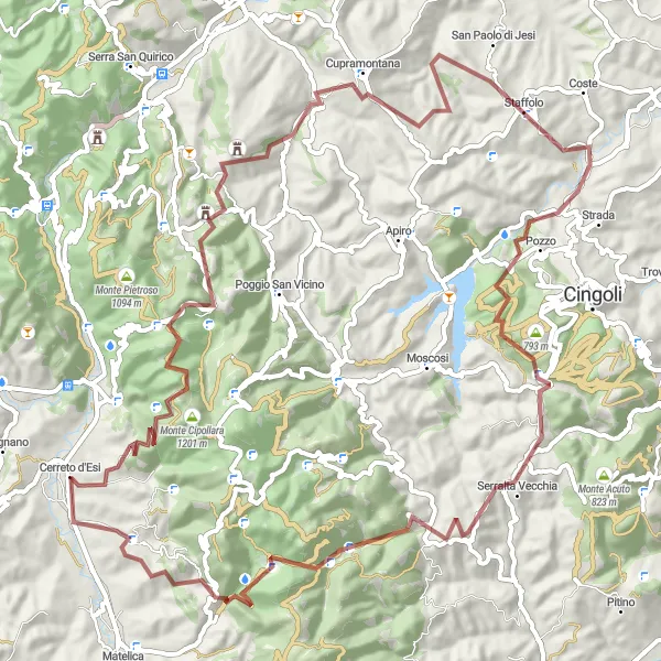 Miniature de la carte de l'inspiration cycliste "Le Tour des Montagnes de Marche" dans la Marche, Italy. Générée par le planificateur d'itinéraire cycliste Tarmacs.app