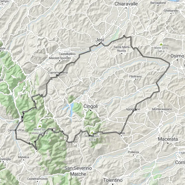 Miniature de la carte de l'inspiration cycliste "L'Exploration des Montagnes de Marche" dans la Marche, Italy. Générée par le planificateur d'itinéraire cycliste Tarmacs.app