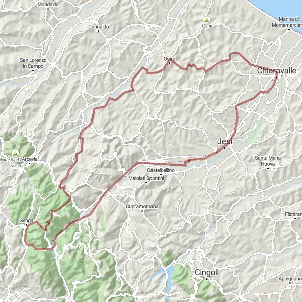 Miniatura della mappa di ispirazione al ciclismo "110km Gravel Tour tra Jesi e Monte Castellaro" nella regione di Marche, Italy. Generata da Tarmacs.app, pianificatore di rotte ciclistiche