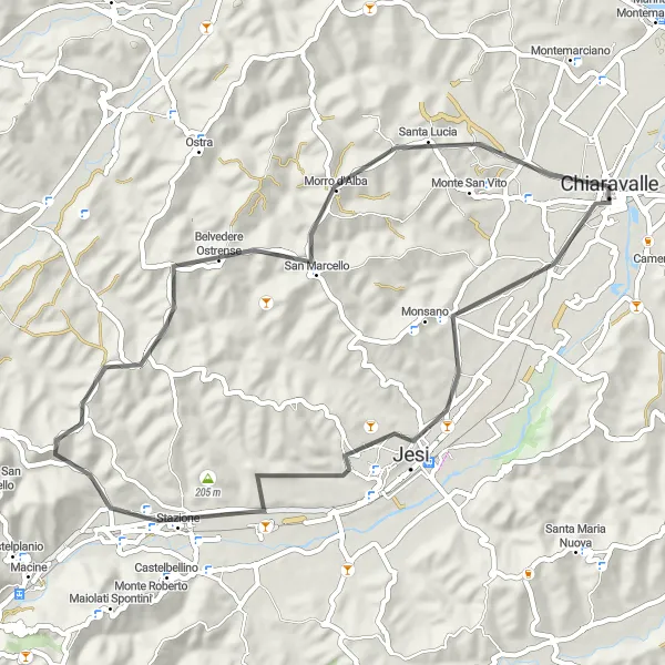 Miniatura della mappa di ispirazione al ciclismo "54km Road Cycling tra Jesi e Morro d'Alba" nella regione di Marche, Italy. Generata da Tarmacs.app, pianificatore di rotte ciclistiche