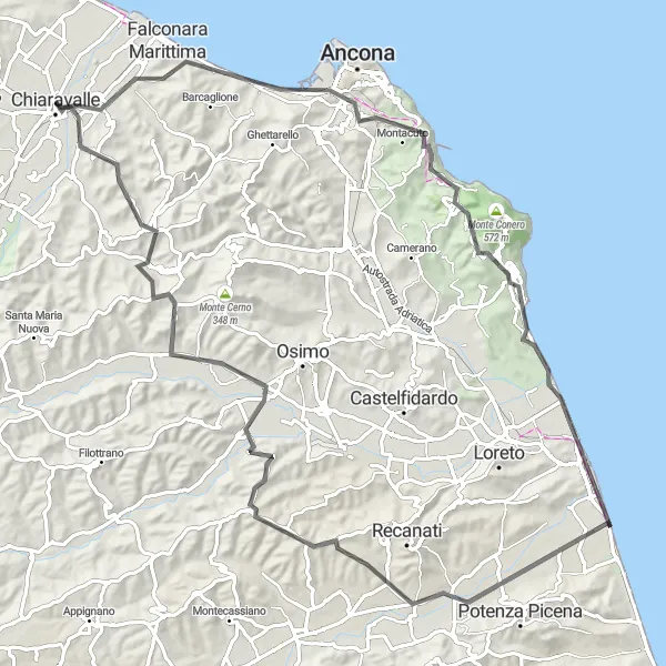 Map miniature of "Chiaravalle to Numana via Grancetta and Porto Recanati" cycling inspiration in Marche, Italy. Generated by Tarmacs.app cycling route planner