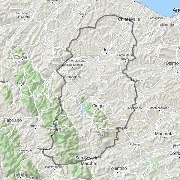 Karten-Miniaturansicht der Radinspiration "Chiaravalle - Castelplanio" in Marche, Italy. Erstellt vom Tarmacs.app-Routenplaner für Radtouren