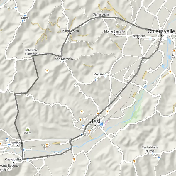Miniatura della mappa di ispirazione al ciclismo "Giro in bicicletta da Chiaravalle a Jesi e Morro d'Alba" nella regione di Marche, Italy. Generata da Tarmacs.app, pianificatore di rotte ciclistiche