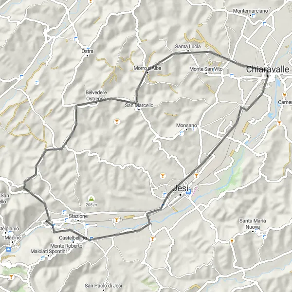 Map miniature of "Chiaravalle - Jesi - Punto panoramico sul Fiume Esino - Castelbellino - Belvedere Ostrense - Morro d'Alba - Borghetto" cycling inspiration in Marche, Italy. Generated by Tarmacs.app cycling route planner