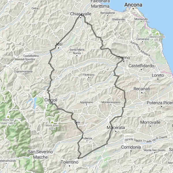 Map miniature of "Jesi to Balcone delle Marche via Osimo and Cingoli" cycling inspiration in Marche, Italy. Generated by Tarmacs.app cycling route planner