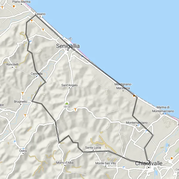 Map miniature of "Chiaravalle - Borghetto - Senigallia - Chiaravalle" cycling inspiration in Marche, Italy. Generated by Tarmacs.app cycling route planner