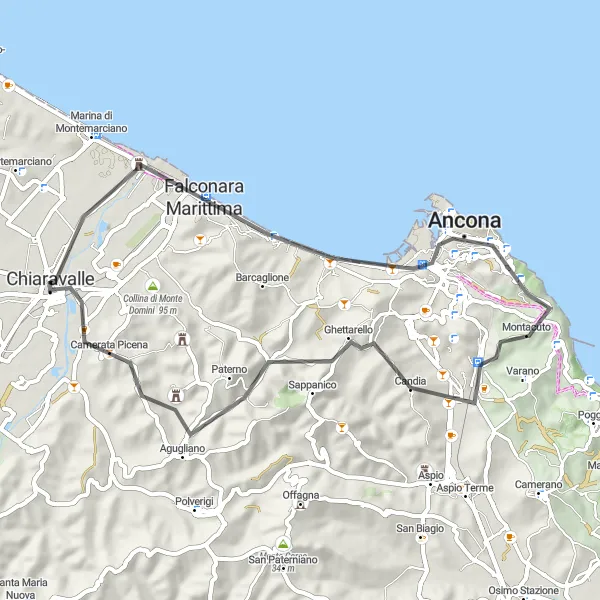 Map miniature of "Chiaravalle - Falconara Marittima - Ancona - Agugliano" cycling inspiration in Marche, Italy. Generated by Tarmacs.app cycling route planner