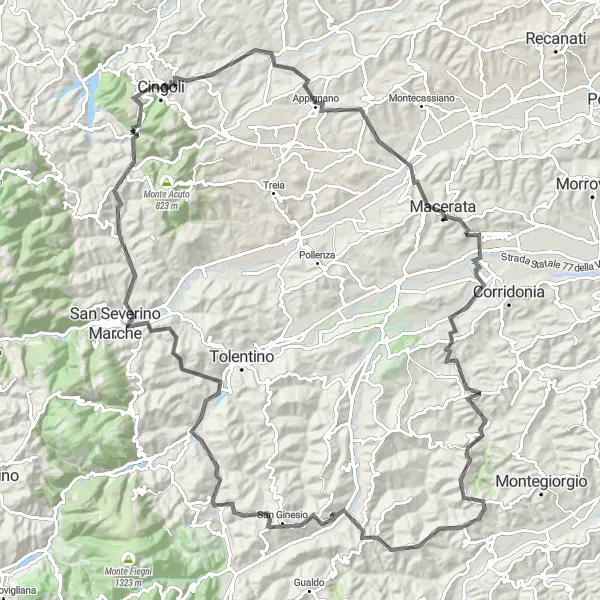 Miniatura della mappa di ispirazione al ciclismo "Itinerario ciclistico tra Macerata e San Severino Marche" nella regione di Marche, Italy. Generata da Tarmacs.app, pianificatore di rotte ciclistiche