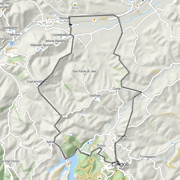 Miniatura della mappa di ispirazione al ciclismo "Tour ciclistico da Cingoli a Pianello Vallesina" nella regione di Marche, Italy. Generata da Tarmacs.app, pianificatore di rotte ciclistiche