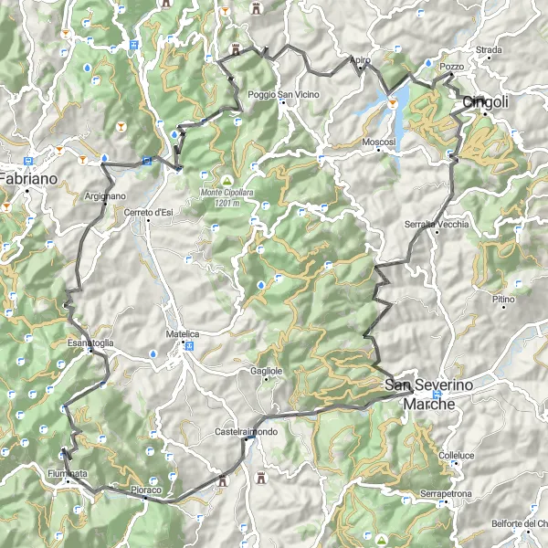Miniature de la carte de l'inspiration cycliste "Défi montagneux à travers les Marches" dans la Marche, Italy. Générée par le planificateur d'itinéraire cycliste Tarmacs.app