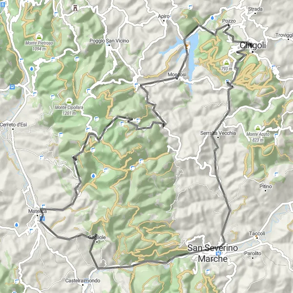 Miniature de la carte de l'inspiration cycliste "Le Circuit de Cingoli" dans la Marche, Italy. Générée par le planificateur d'itinéraire cycliste Tarmacs.app