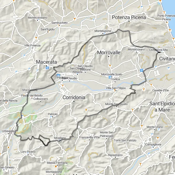 Miniature de la carte de l'inspiration cycliste "Aventure à travers les villages médiévaux" dans la Marche, Italy. Générée par le planificateur d'itinéraire cycliste Tarmacs.app