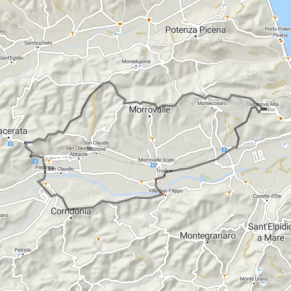 Miniature de la carte de l'inspiration cycliste "Villa San Filippo Loop" dans la Marche, Italy. Générée par le planificateur d'itinéraire cycliste Tarmacs.app
