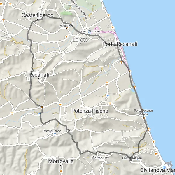 Map miniature of "The Hillside Villages Loop" cycling inspiration in Marche, Italy. Generated by Tarmacs.app cycling route planner