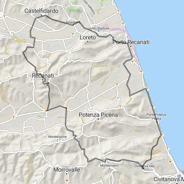 Miniatuurkaart van de fietsinspiratie "Loreto Stazione & Omgeving" in Marche, Italy. Gemaakt door de Tarmacs.app fietsrouteplanner