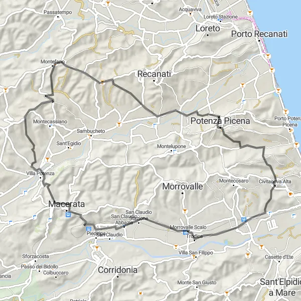 Map miniature of "Macerata Escape" cycling inspiration in Marche, Italy. Generated by Tarmacs.app cycling route planner