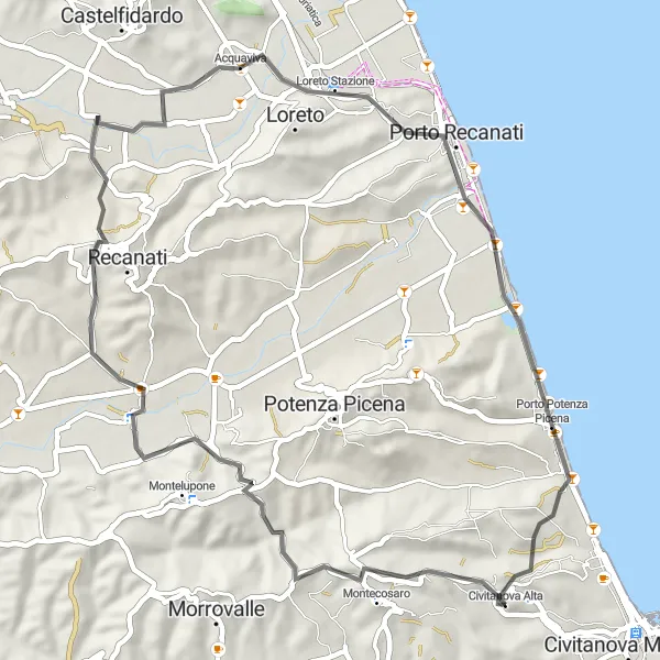 Miniature de la carte de l'inspiration cycliste "Boucle autour de Civitanova Alta" dans la Marche, Italy. Générée par le planificateur d'itinéraire cycliste Tarmacs.app