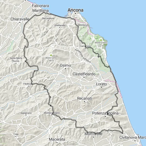 Miniature de la carte de l'inspiration cycliste "Exploration des villages autour de Civitanova Alta" dans la Marche, Italy. Générée par le planificateur d'itinéraire cycliste Tarmacs.app