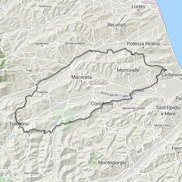 Map miniature of "Tolentino Road Adventure" cycling inspiration in Marche, Italy. Generated by Tarmacs.app cycling route planner