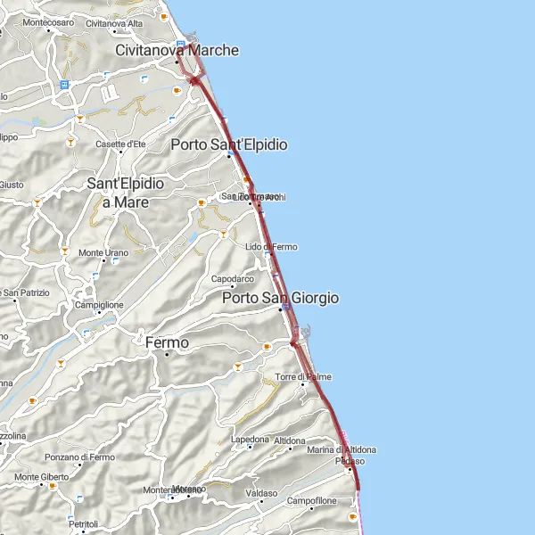 Miniatura della mappa di ispirazione al ciclismo "Via dei Colli e dei Borghi" nella regione di Marche, Italy. Generata da Tarmacs.app, pianificatore di rotte ciclistiche