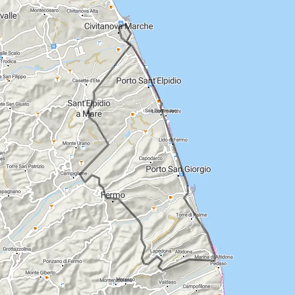 Map miniature of "Hilltop Delights Loop" cycling inspiration in Marche, Italy. Generated by Tarmacs.app cycling route planner