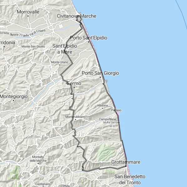 Miniature de la carte de l'inspiration cycliste "Les merveilles de la côte adriatique" dans la Marche, Italy. Générée par le planificateur d'itinéraire cycliste Tarmacs.app