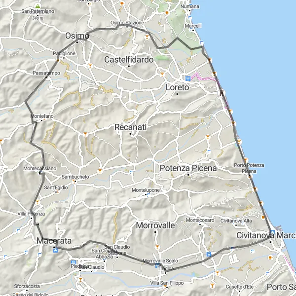 Map miniature of "Civitanova Marche - Morrovalle Scalo - Macerata - Montecassiano - Gòmero - Osimo - Porto Recanati" cycling inspiration in Marche, Italy. Generated by Tarmacs.app cycling route planner