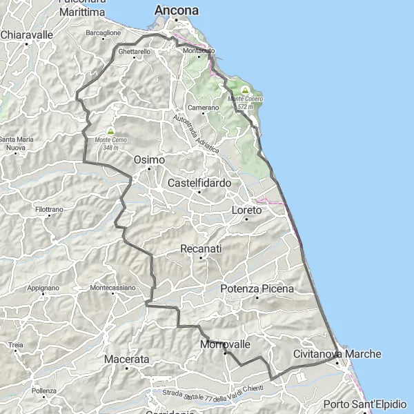 Map miniature of "Civitanova Marche - Morrovalle - Agugliano - Montagnolo - Monte Larciano - Sirolo - Porto Recanati" cycling inspiration in Marche, Italy. Generated by Tarmacs.app cycling route planner