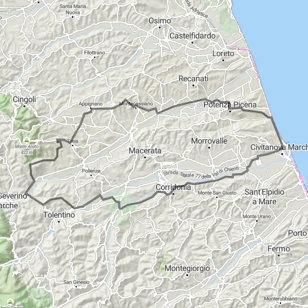 Karten-Miniaturansicht der Radinspiration "Hügeliges Abenteuer um Civitanova Marche" in Marche, Italy. Erstellt vom Tarmacs.app-Routenplaner für Radtouren